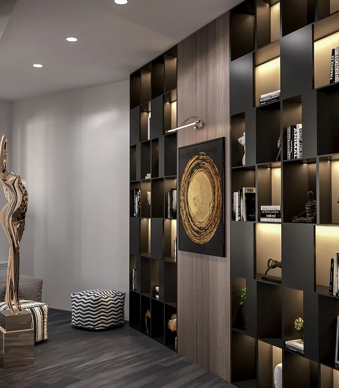 The shelving wall from an angle, showing the depth of the lit niches and the veneered centre panel running full height.