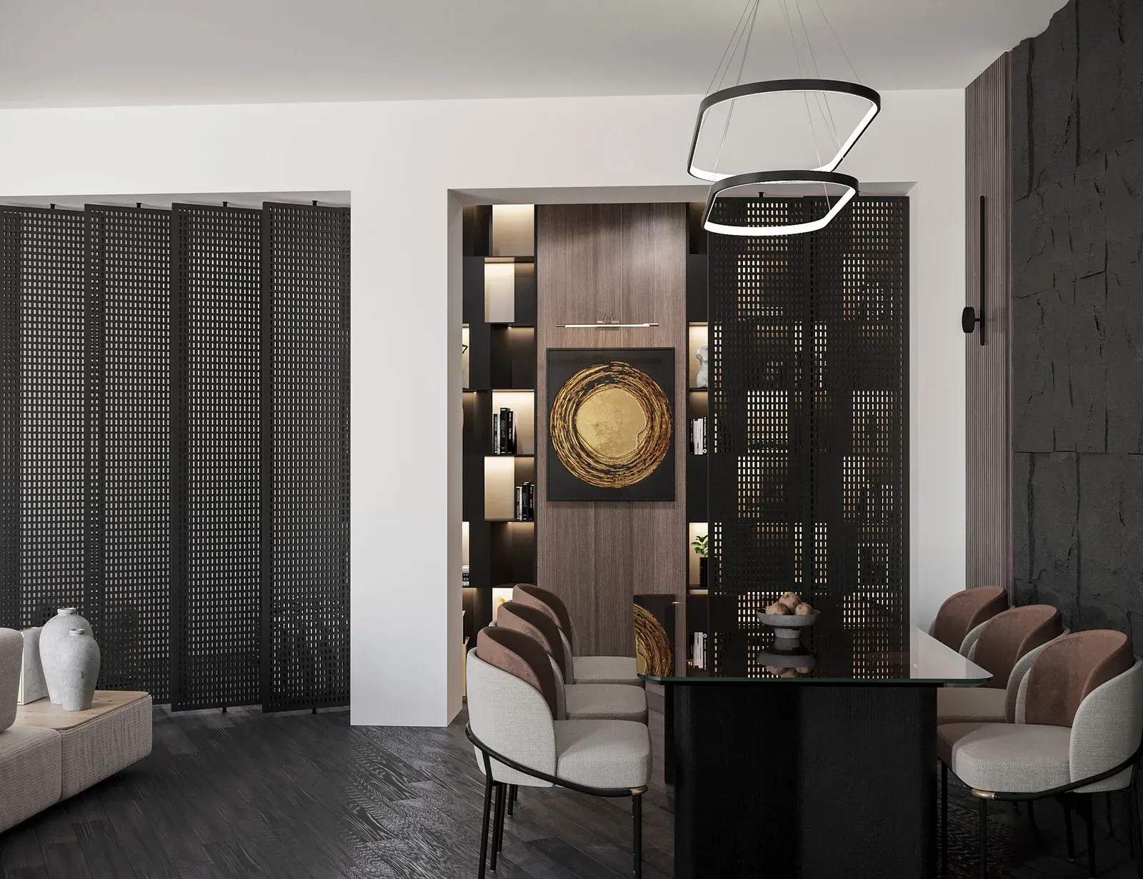 The same shelving wall seen from the dining area, through perforated black screens, with a ring pendant over a dark dining table and a textured stone wall beyond.